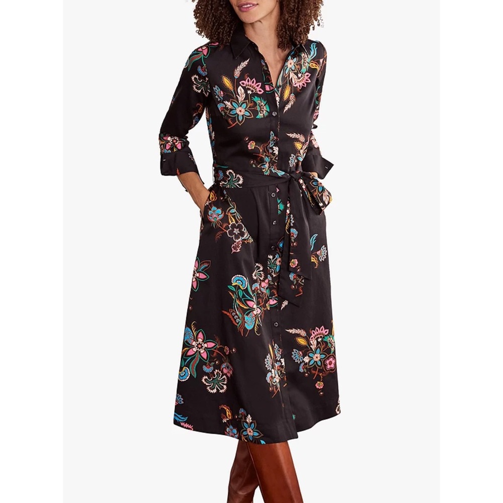 Boden Black Floral Midi Shirt Dress with Multicolor Print